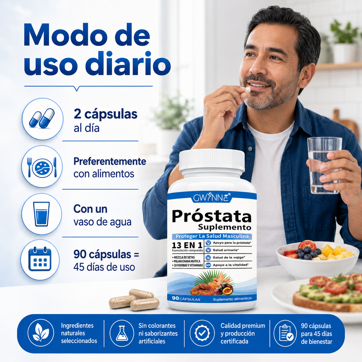 Gwynne 13en1 Nutricional Prostate Health 2000mg 90 Cápsulas Para Mejorar El Rendimiento Masculino,favorecer La Calidad De Vida Y Aumentar La Satisfacción De La Pareja