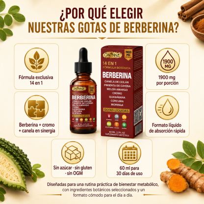 GWYNNE Suplemento Dietético Gotas Líquidas de Berberina 60ml 14 en 1 Fórmula 1900 mg,con Pimienta Cayenne,Canela de Ceilán,Melón Amargo,Cúrcuma y Moringa