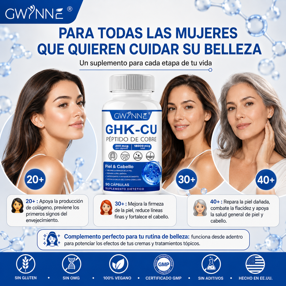 Gwynne Péptido De Cobre Ghk-cu 200mcg,90 Cápsulas De Alta Potencia Promueve La Reparación De La Piel,la Elasticidad Radiante De La Piel,el Anti-envejecimiento Y El Apoyo Al Crecimiento Del Cabello