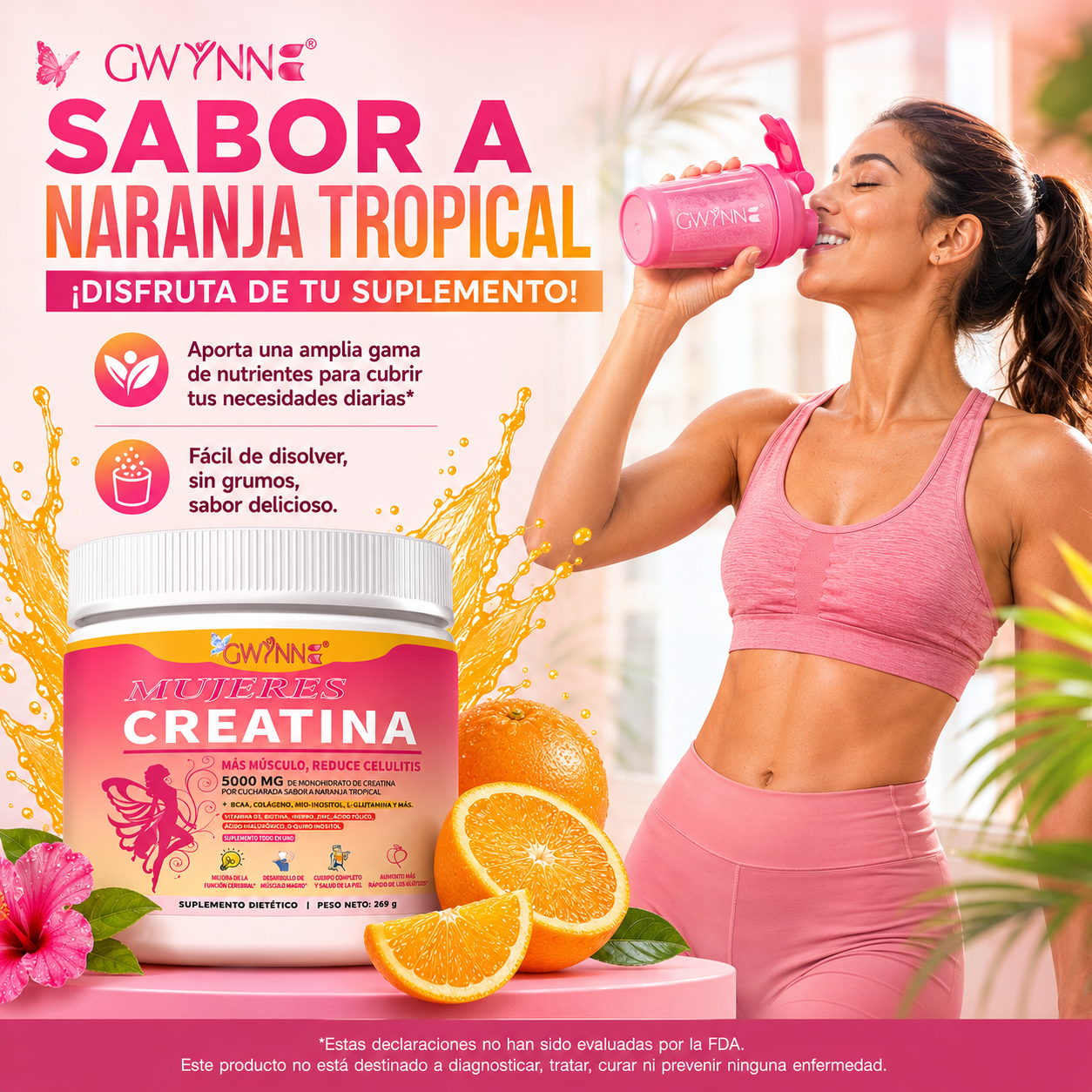 Gwynne Suplemento De Creatina Para Mujeres 269g-5000mg De Creatina,con Colágeno,mioinositol Y Bcaa,apoya El Desarrollo Muscular,la Elasticidad De La Piel,el Cabello Saludable Y Las Uñas