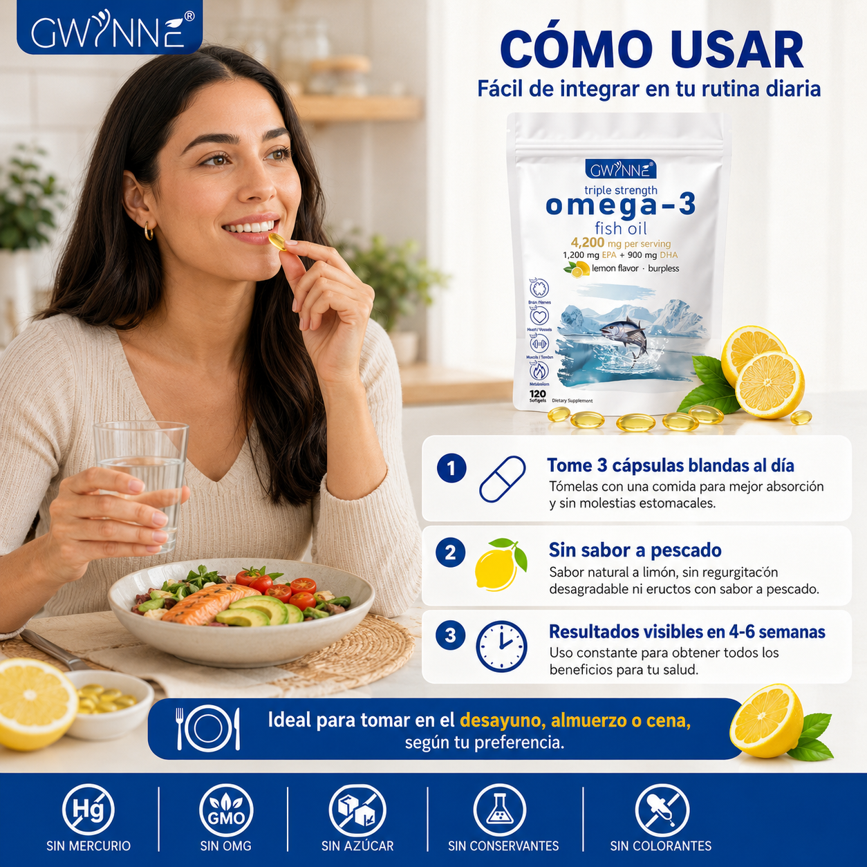 Gwynne Omega 3 Premium 4300mg,bacalao De Aguas Profundas Del Ártico Noruego,que Contienen 1200mg Epa Y 900mg Dha Suplementos Alimentarios Para Apoyar La Salud Física De Mujere Y Hombre 120 Cápsulas