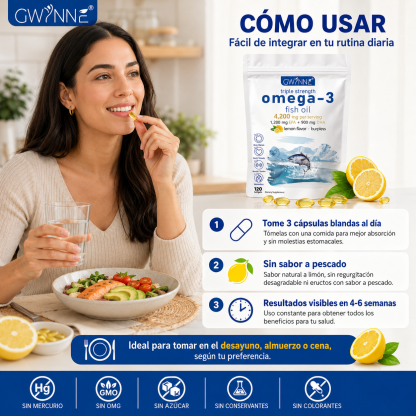 Gwynne Omega 3 Premium 4300mg,bacalao De Aguas Profundas Del Ártico Noruego,que Contienen 1200mg Epa Y 900mg Dha Suplementos Alimentarios Para Apoyar La Salud Física De Mujere Y Hombre 120 Cápsulas
