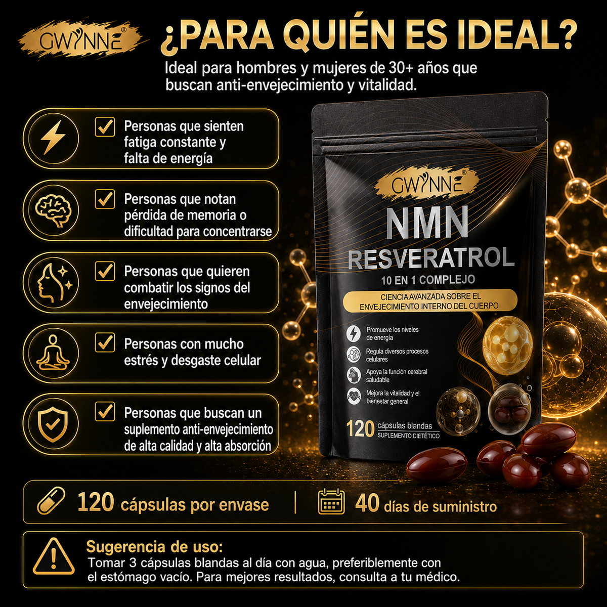 Gwynne Nmn Resveratrol 10 En 1 Complejo 1200mg Suplemento Con Resveratrol,coq10 Y Glutatión,aumentar La Energía Celular, Apoyar La Salud Cerebral Y El Anti-envejecimiento,120 Cápsulas