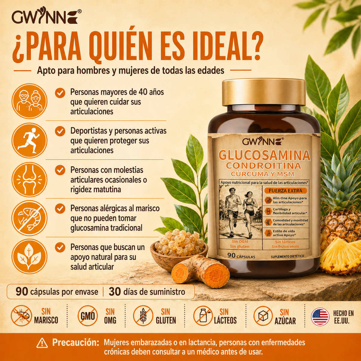 Glucosamina Complex | Glucosamina 1500mg, Condroitina, Msm Alta Potencia,curcumina,quercetina| Articulaciones Y Huesos | GWYNNE Vitaminas Mujer Y Hombre 90 Cápsulas