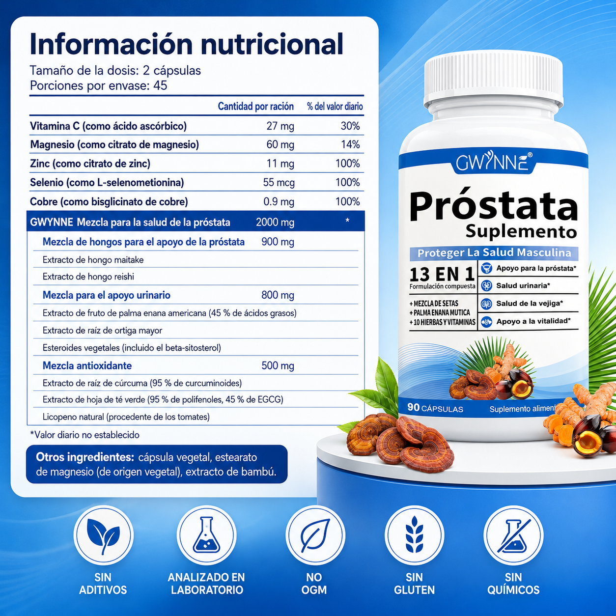 Gwynne 13en1 Nutricional Prostate Health 2000mg 90 Cápsulas Para Mejorar El Rendimiento Masculino,favorecer La Calidad De Vida Y Aumentar La Satisfacción De La Pareja