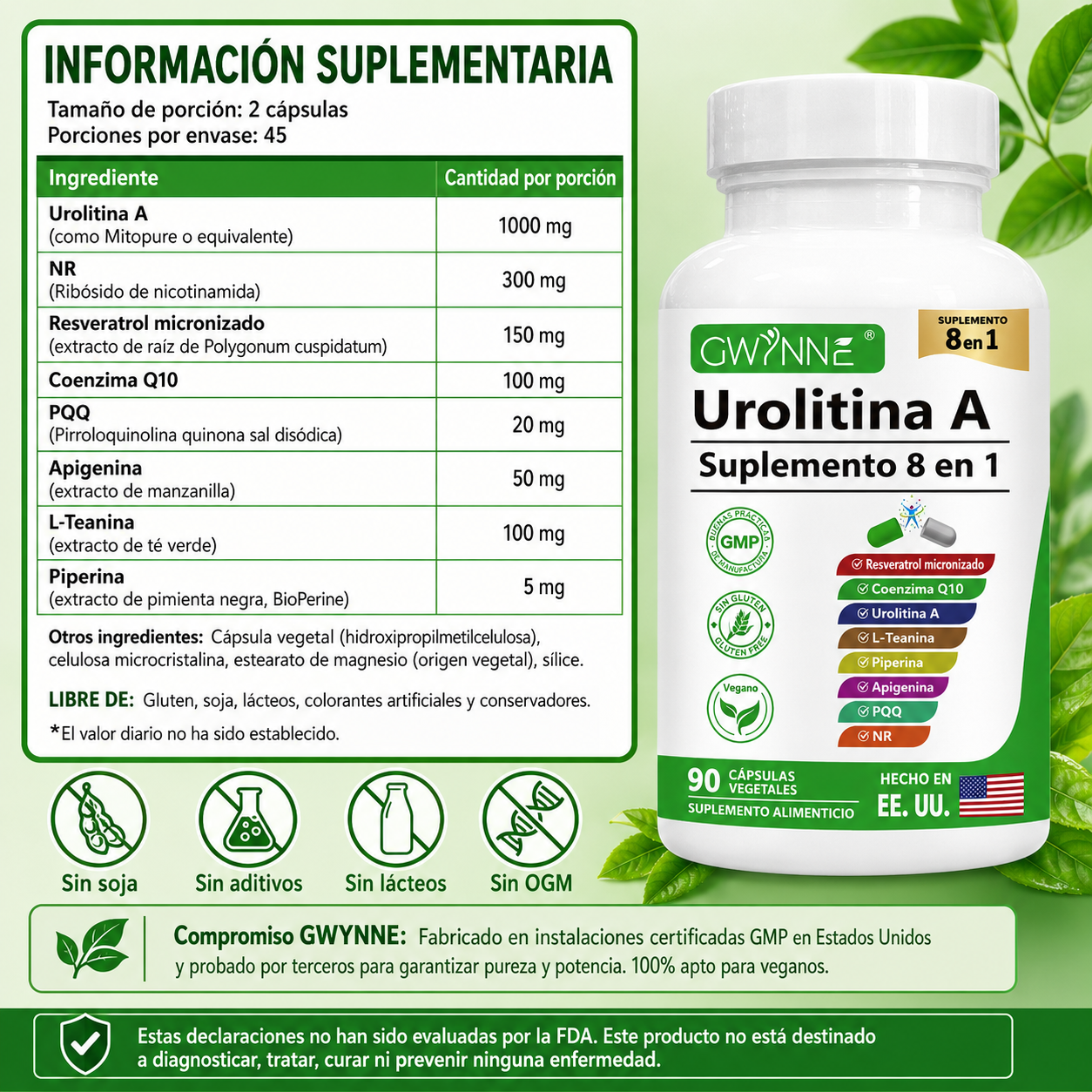 Gwynne Urolithin A 1000mg Complex Supplement 90 Cápsula,con Resveratrol,nr,coq10,pqq Y L-theanine Apoyo A La Energía Mitocondrial Y Celular