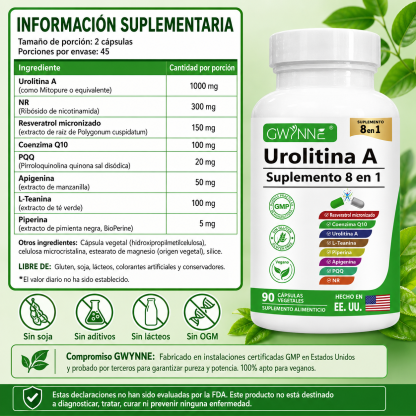 Gwynne Urolithin A 1000mg Complex Supplement 90 Cápsula,con Resveratrol,nr,coq10,pqq Y L-theanine Apoyo A La Energía Mitocondrial Y Celular