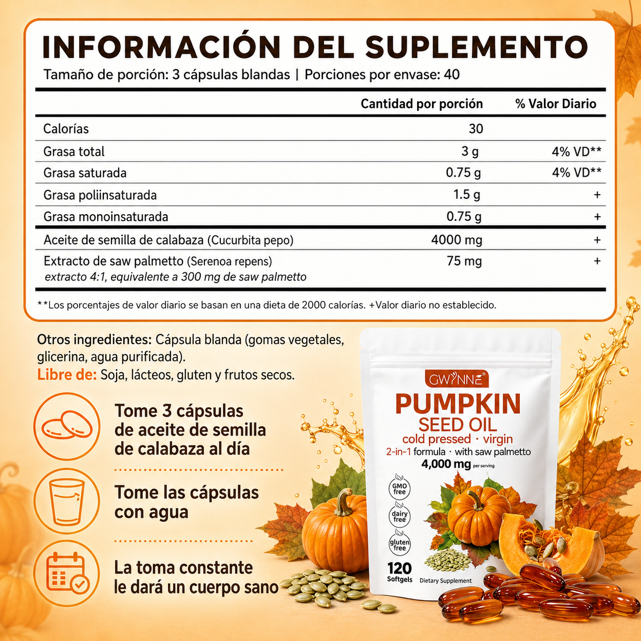 Gwynne 4000mg Cápsulas De Aceite De Semilla De Calabaza,Cold Pressed,Pure Virgin Oil,Apoyar la salud del cabello,el sistema urinario y la próstata,rico En Ácidos Grasos y Phytosterols 120cápsulas