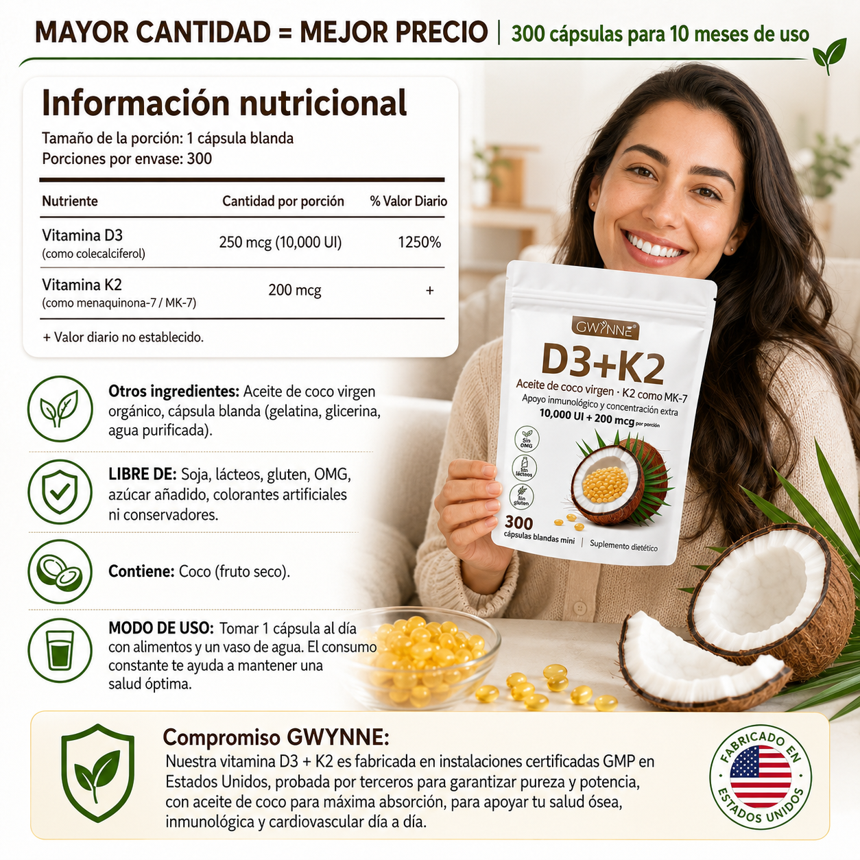 Gwynne Vitamina D3 10.000ui + K2 Mk-7 200mcg,2 En 1 Aceite De Coco Vírgenapoyo Óseo,inmunológico Y Cardíaco,300 Cáps