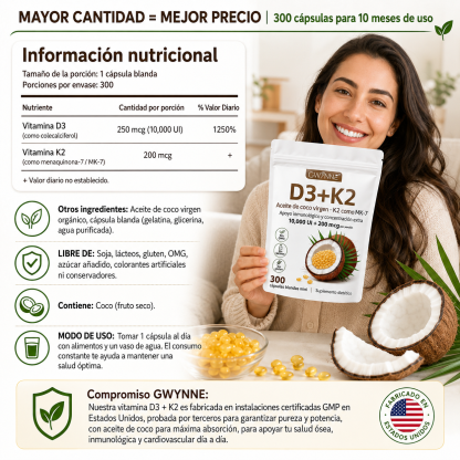 Gwynne Vitamina D3 10.000ui + K2 Mk-7 200mcg,2 En 1 Aceite De Coco Vírgenapoyo Óseo,inmunológico Y Cardíaco,300 Cáps