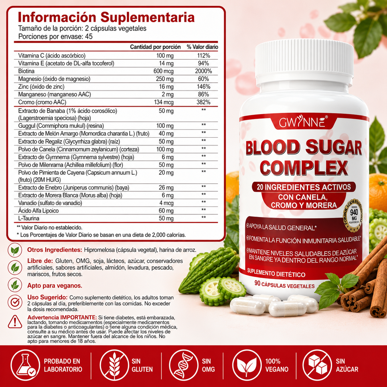 Gwynne Blood Sugar Complex Supplement,apoya Niveles Saludables De Azúcar En La Sangre,ya Dentro Del Rango Normal,con Vitaminac,e,biotina,magnesio,cromo,90 Capsules