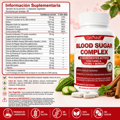 Gwynne Blood Sugar Complex Supplement,apoya Niveles Saludables De Azúcar En La Sangre,ya Dentro Del Rango Normal,con Vitaminac,e,biotina,magnesio,cromo,90 Capsules