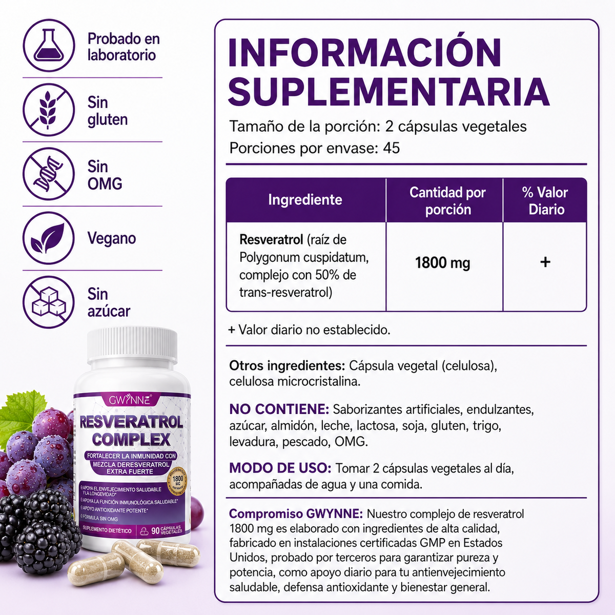 Gwynne Resveratrol Supplement 1800 Mg Complejo Antioxidante 90 Cápsulas,píldoras De Resveratrol Para Envejecimiento Saludable,apoyo A La Salud General,sistema Inmunológico,función Cerebral