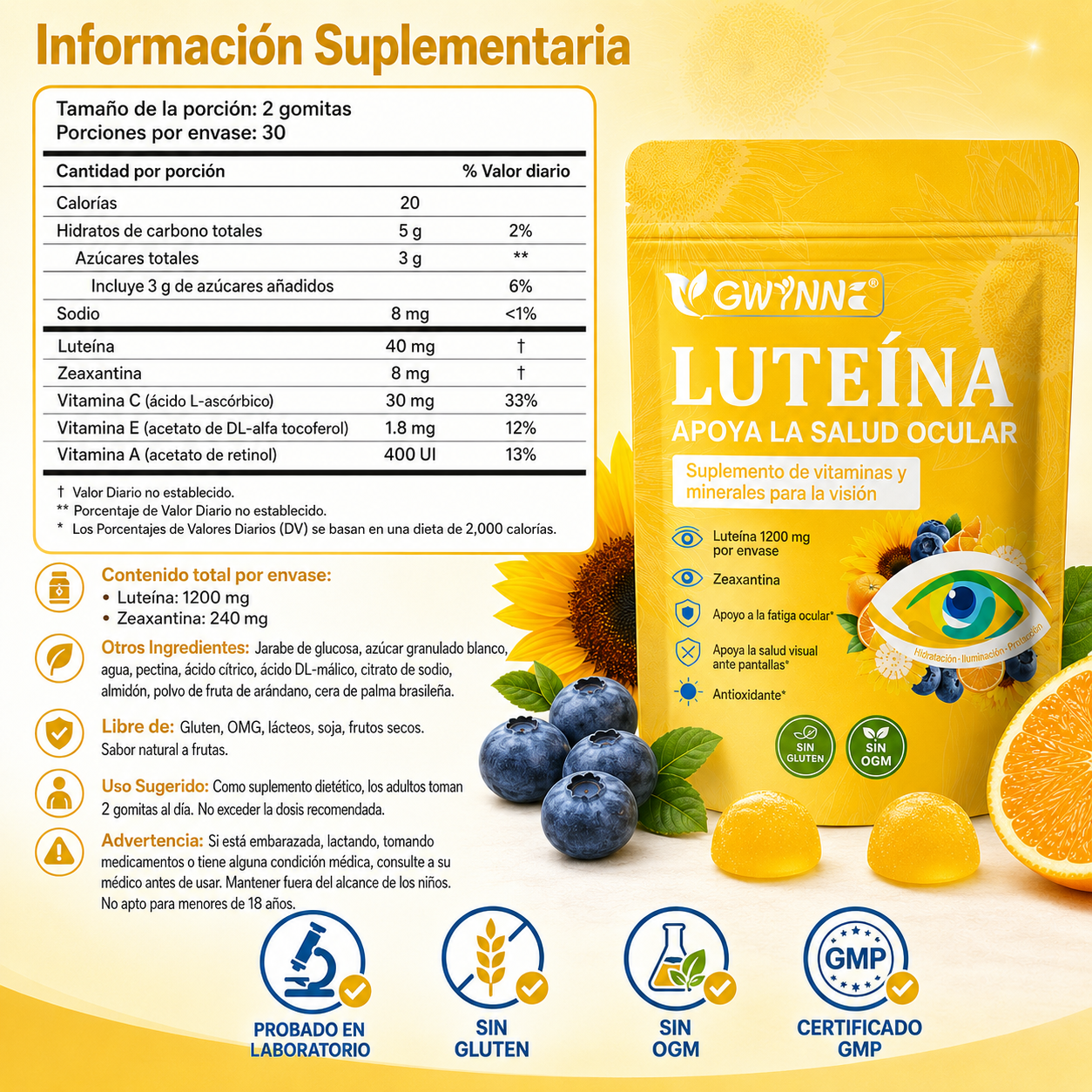 Gwynne Gummies De Luteína 60 Gummie,suplemento De Vitaminas Y Minerales Oculares Con 40mg De Luteína Y 8mg De Zeaxantina,vitaminas Gomosas Para El Apoyo A La Salud Ocular