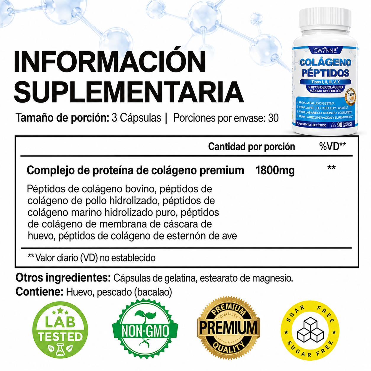 Gwynne Péptidos De Colágeno Múltiples 1800 Mg Complejo 90 Cápsulas-tipo I,ii,iii,v,x Complejo De Colágeno Premium Para Una Mejor Piel Y Cabello,articulación Fuerte,proteína Hidrolizada
