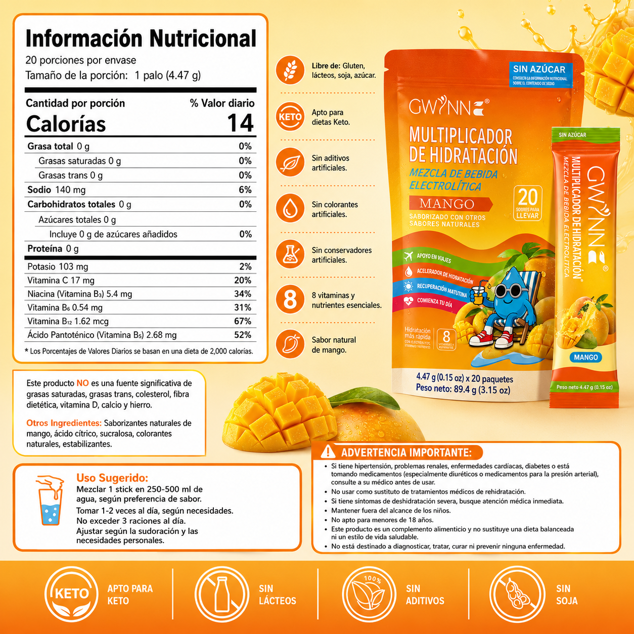 Gwynne Multiplicador De Hidratacion Mezcla De Bebida Electrolitica,supercalm Nutricional Bebidas Mixtas En Polvo Con Sodio ,vitamina C Y B12,sabor A Mango 20 Unidade