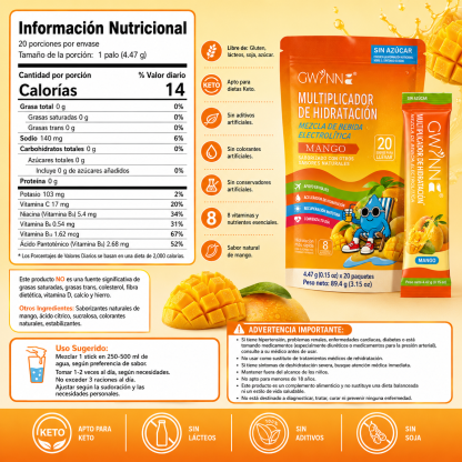 Gwynne Multiplicador De Hidratacion Mezcla De Bebida Electrolitica,supercalm Nutricional Bebidas Mixtas En Polvo Con Sodio ,vitamina C Y B12,sabor A Mango 20 Unidade