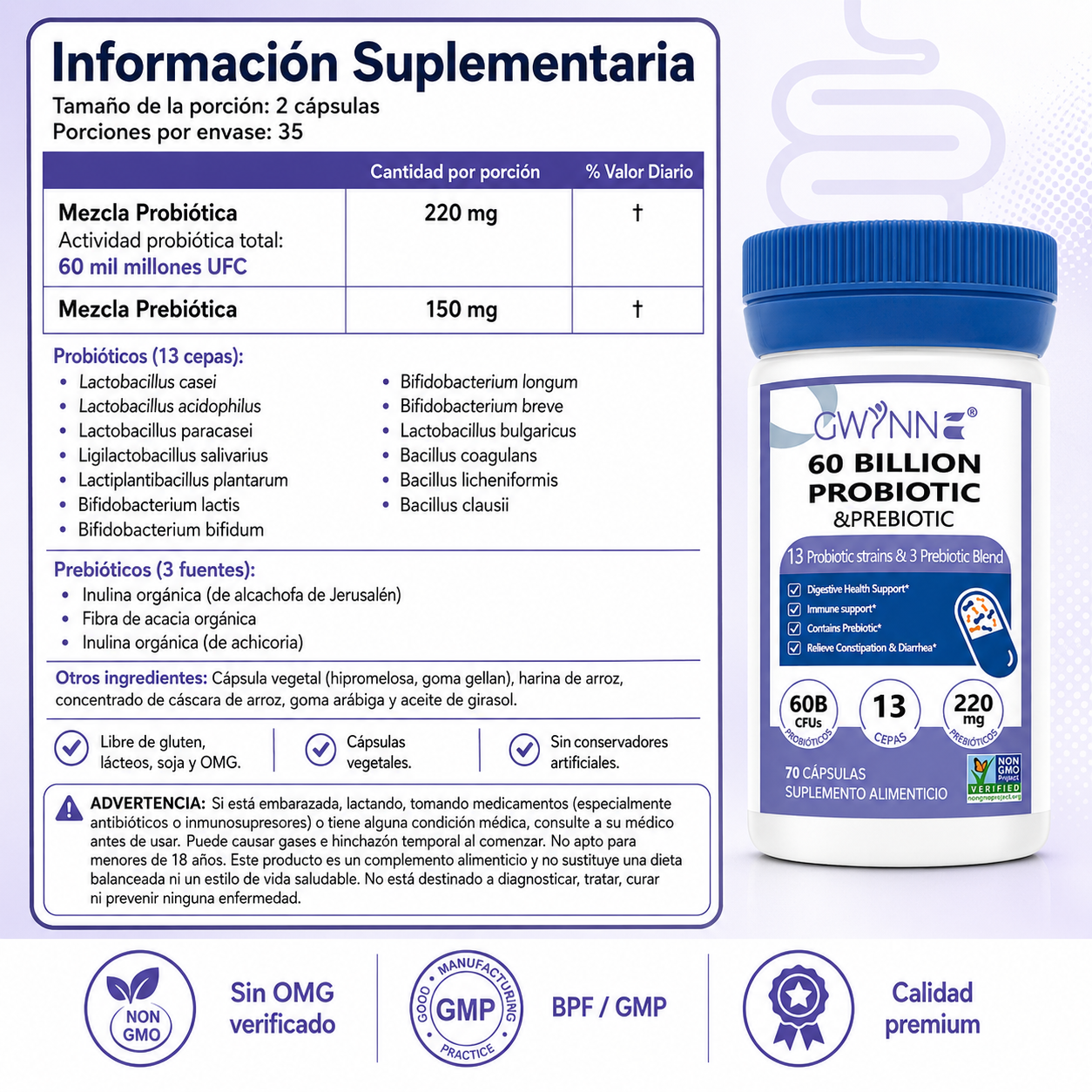 Gwynne vaginal Probióticos 60 Billion De Ucf 70 Cápsula,13Strains + 3Prebióticos Mezcla,salud Inmune,digestiva E Intestinal-Apoya El Estreñimiento,la Diarrea,apoyo Inmunológico Para Mujeres Y Hombres