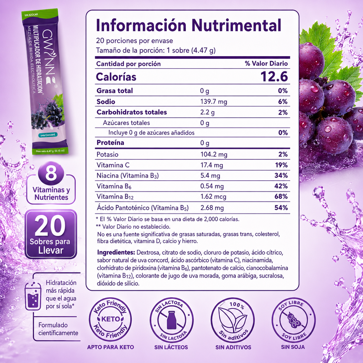 Gwynne Multiplicador De Hidratacion Mezcla De Bebida Electrolitica,supercalm Nutricional Bebidas Mixtas En Polvo Con Sodio ,vitamina C Y B12,sabor A Uva 20 Unidade