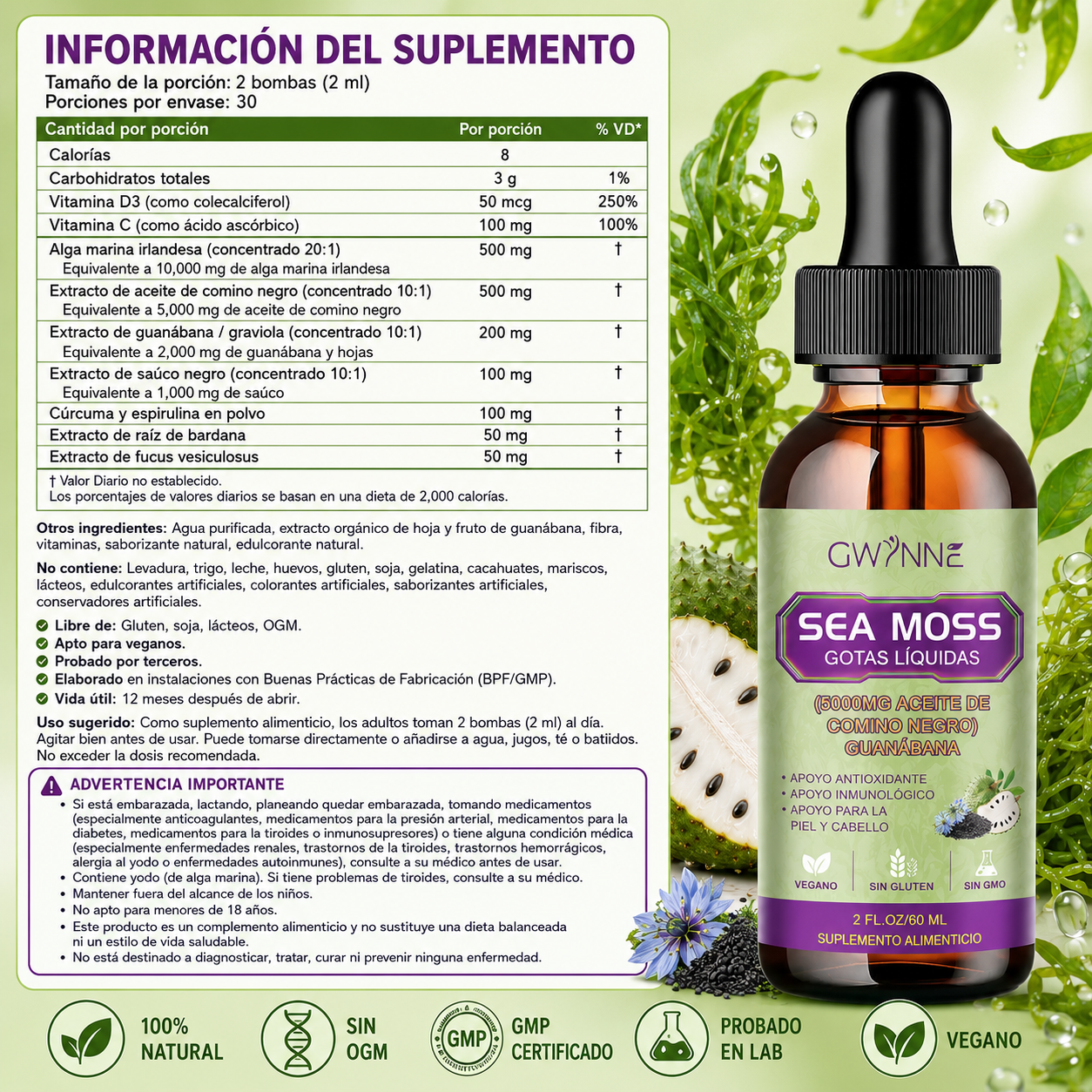 Gwynne Gotas Líquidas De Musgo Marino 5000mg 60ml - Irish Sea Moss Black Seed,suplemento Multimineral De Musgo Marino Apoyo Antioxidante, Inmunitario, Salud Intestinal