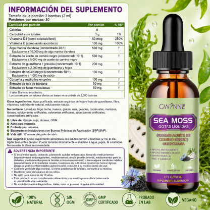 Gwynne Gotas Líquidas De Musgo Marino 5000mg 60ml - Irish Sea Moss Black Seed,suplemento Multimineral De Musgo Marino Apoyo Antioxidante, Inmunitario, Salud Intestinal