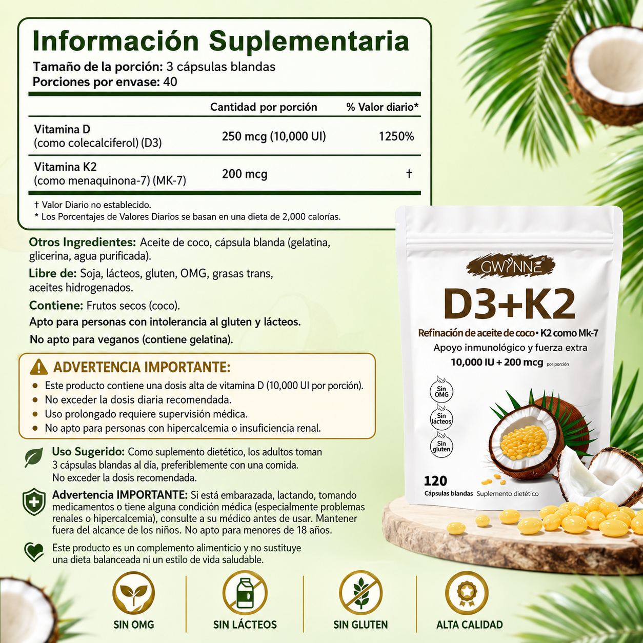 Gwynne Vitamina D3 10.000ui + K2 Mk-7 200mcg,120cápsulas  2 En 1 Aceite De Coco Vírgenapoyo Óseo,inmunológico Y Cardíaco