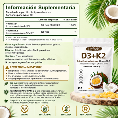 Gwynne Vitamina D3 10.000ui + K2 Mk-7 200mcg,120cápsulas  2 En 1 Aceite De Coco Vírgenapoyo Óseo,inmunológico Y Cardíaco