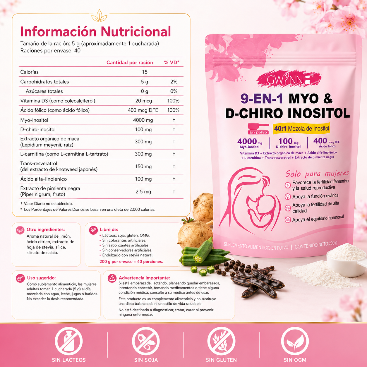 GWYNNE 40:1 Myo Y D Chiro Inositol Inositol En Polvo 250g