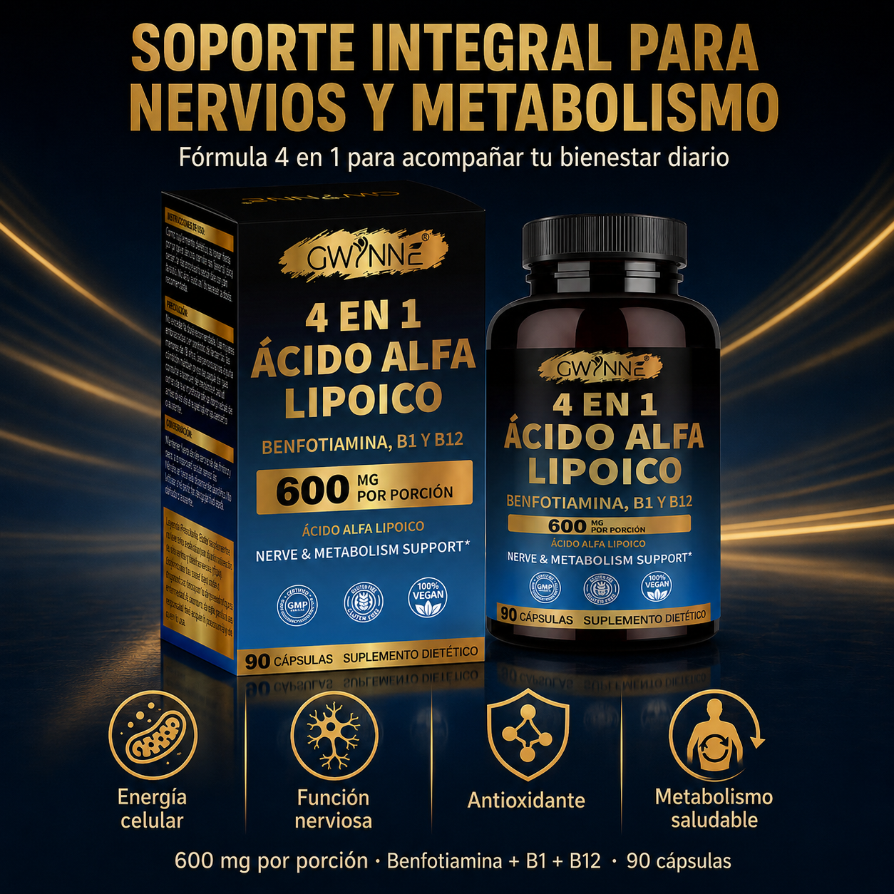 Gwynne 4 En 1 Ácido Alfa Lipoico 600mg 90 Cápsulas,suplemento Antioxidant, Para Los Nervos,energía Y Apoyo Al Metabolismo,con Benfotiamina,b1 Y B12