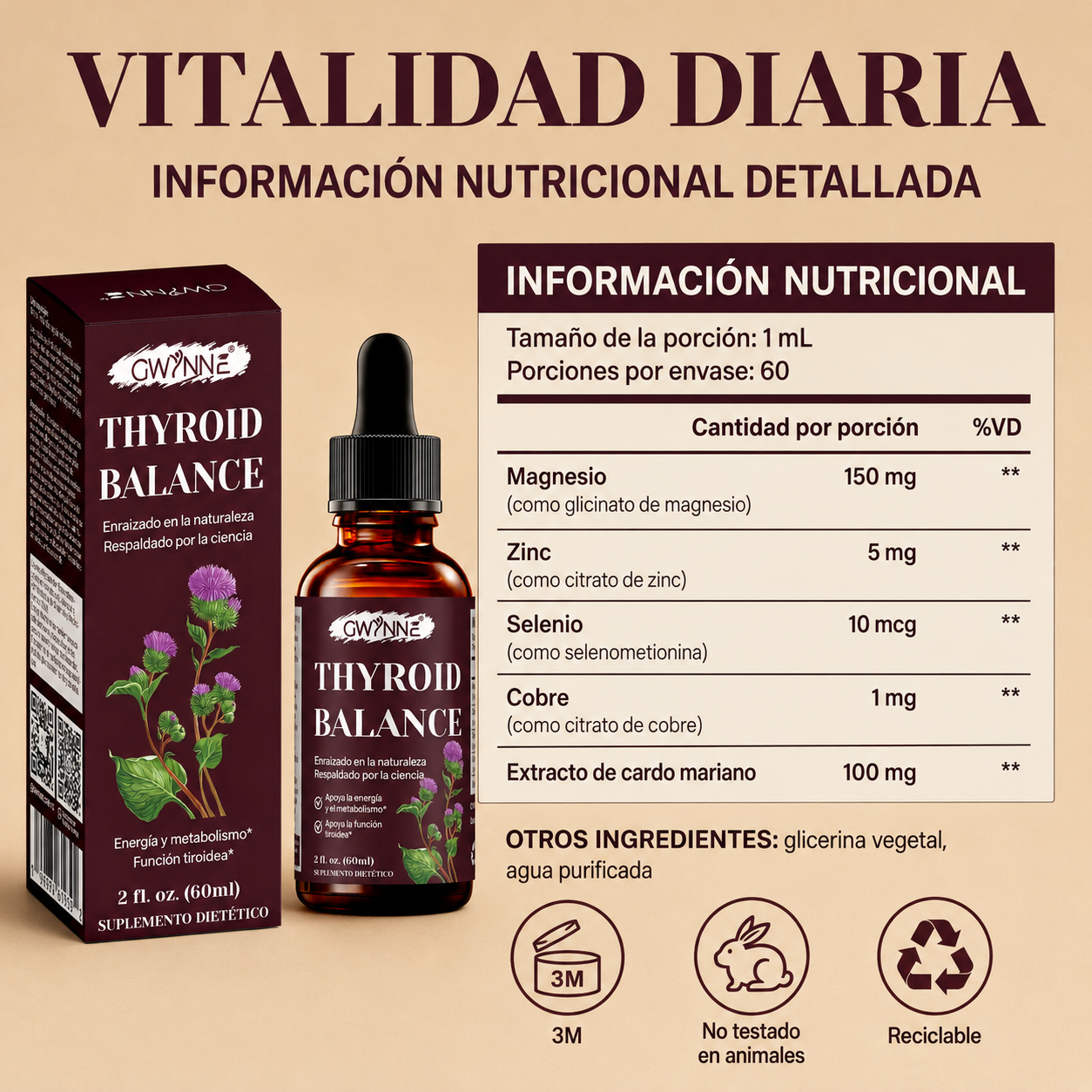 Gwynne Thyroid Balance Suplemento Líquido,con Magnesio,zinc,selenio,cobre,apoyo Equilibrio Tiroideo, Energía Y Metabolismo Saludable,60ml