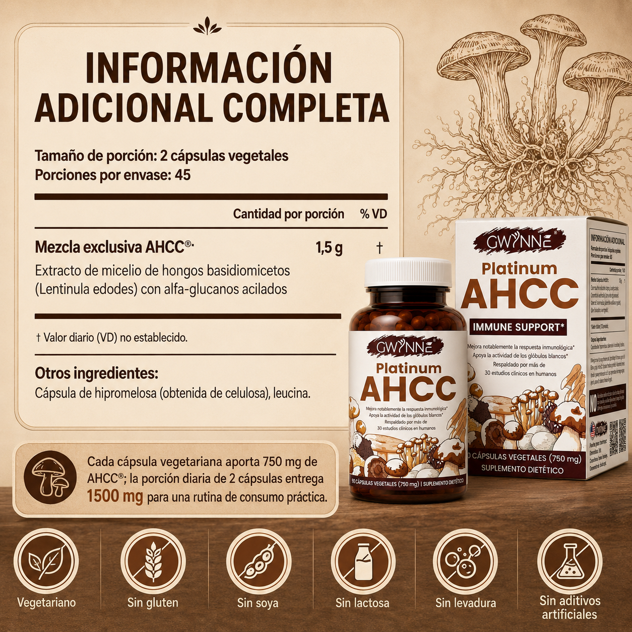 GWYNNE Suplemento Vegetal Platinum AHCC 750 mg,90 Cápsulas