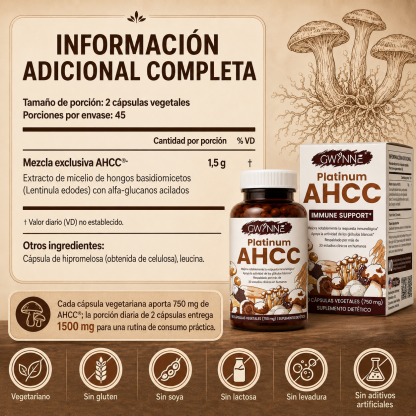 GWYNNE Suplemento Vegetal Platinum AHCC 750 mg,90 Cápsulas