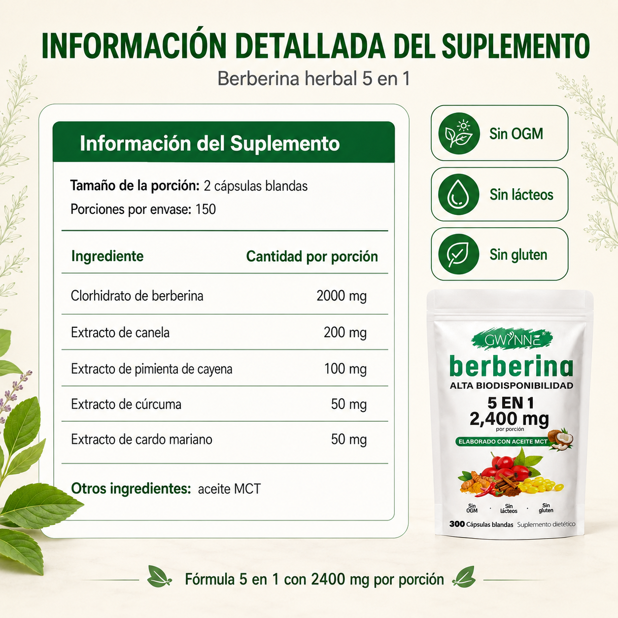 Berberina De 300 Cápsulas Blandas De 500mg *4 Pure Berberine GWYNNE