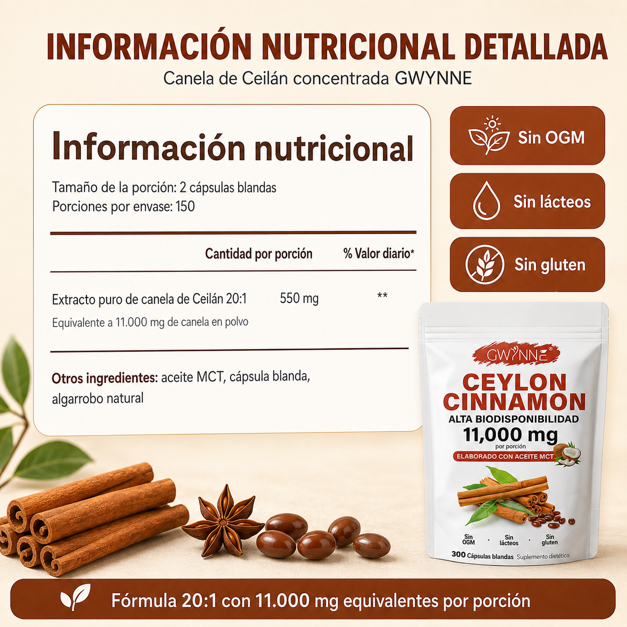 GWYNNE Ceylon Cinnamon 300 Capsules 20:1 con Aceite MCT,alta biodisponibilad 11000mg