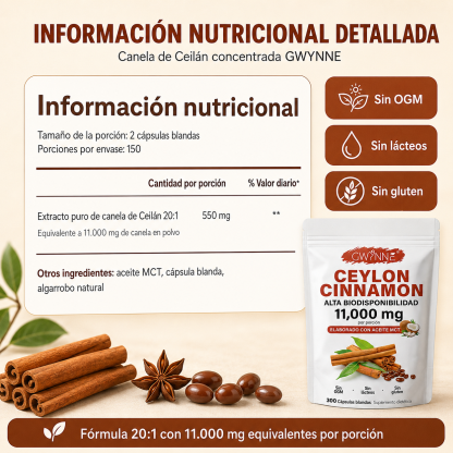GWYNNE Ceylon Cinnamon 300 Capsules 20:1 con Aceite MCT,alta biodisponibilad 11000mg