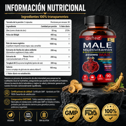 Gwynne Multivitamina Para Hombre 90 Cápsula,8 En 1 Multivitaminas Para Hombres Diarias 2550 Mg Max Con Zinc,shilajit,horny Goat Weed,etc,apoyo A La Energía Físicas