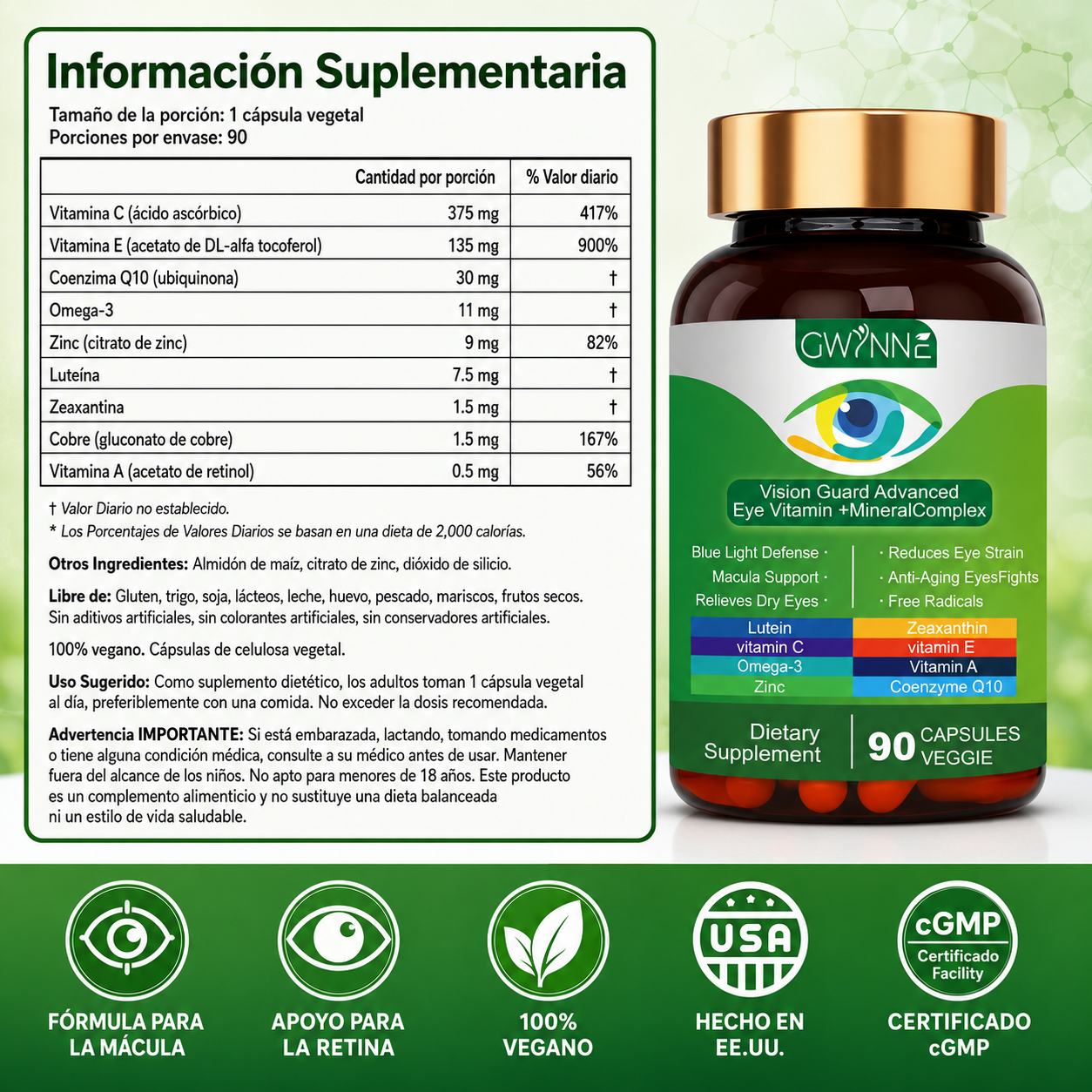 Gwynne Lutein Eye Vitamin Supplement 90 Cápsulas Suplemento Nutricional Para La Salud Macular Y El Ojo Seco Con Luteína, Zinc, Vitamina C/e Y Zeaxantina