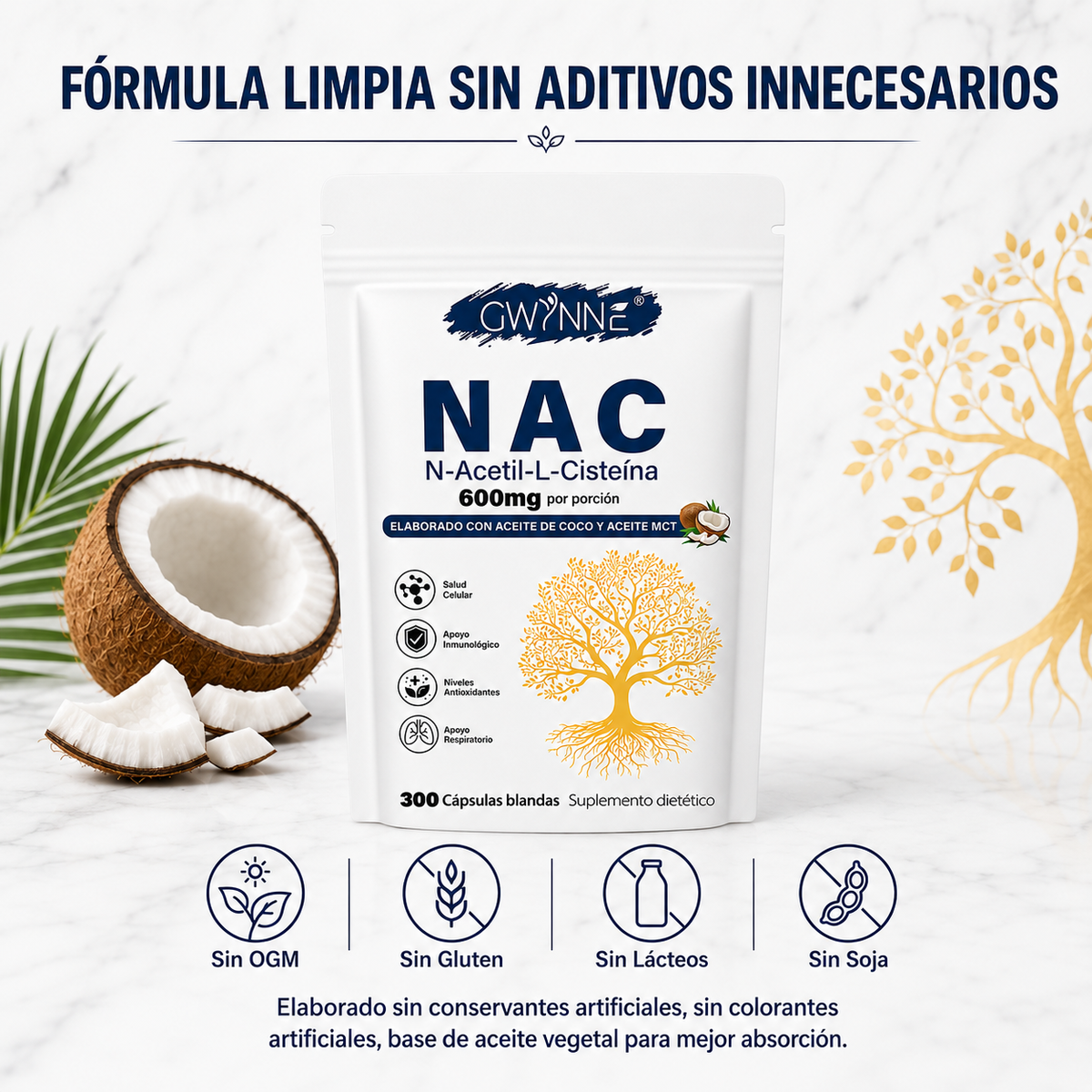 Gwynne Nac N-acetil-l-cisteína 600 Mg 300 Cápsulas,con Dinucleótido De Adenina Y Nicotinamida, Propiedades Antioxidantes,favorece Las Defensas Naturales Y El Bienestar Respiratorio General 