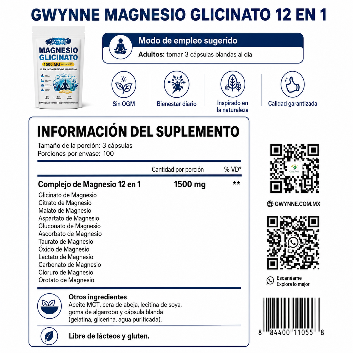 GWYNNE 12 en 1 Complejo de Magnesio 1500mg,con Glicinato De Magnesio,Citrato De Magnesio,Óxido De Magnesio,Musculo Relajación,300 bland Cápsulas