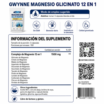 GWYNNE 12 en 1 Complejo de Magnesio 1500mg,con Glicinato De Magnesio,Citrato De Magnesio,Óxido De Magnesio,Musculo Relajación,300 bland Cápsulas
