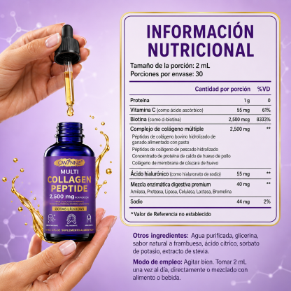 Gwynne Péptidos de Colágeno Múltiples Gotas 2500 mg,con Biotina y Ácido Hialurónico, complemento para el cuidado diario del cabello,la piel y las articulaciones,60ml