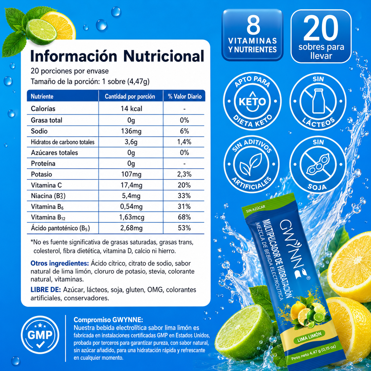 Gwynne Multiplicador De Hidratacion Mezcla De Bebida Electrolitica,supercalm Nutricional Bebidas Mixtas En Polvo Con Sodio ,vitamina C Y B12,sabor A Limón 20 Unidade