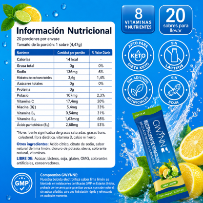 Gwynne Multiplicador De Hidratacion Mezcla De Bebida Electrolitica,supercalm Nutricional Bebidas Mixtas En Polvo Con Sodio ,vitamina C Y B12,sabor A Limón 20 Unidade