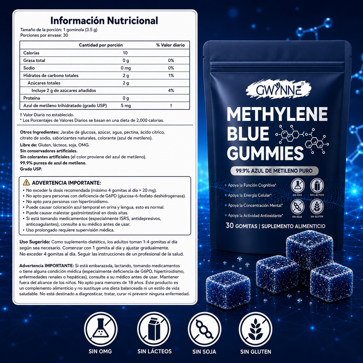 Gwynne Methylene Blue Gummies,99.9% Azul De Metileno Puro Grado Usp,apoyo A La Energía Celular Y Función Cognitiva,30 Gummies