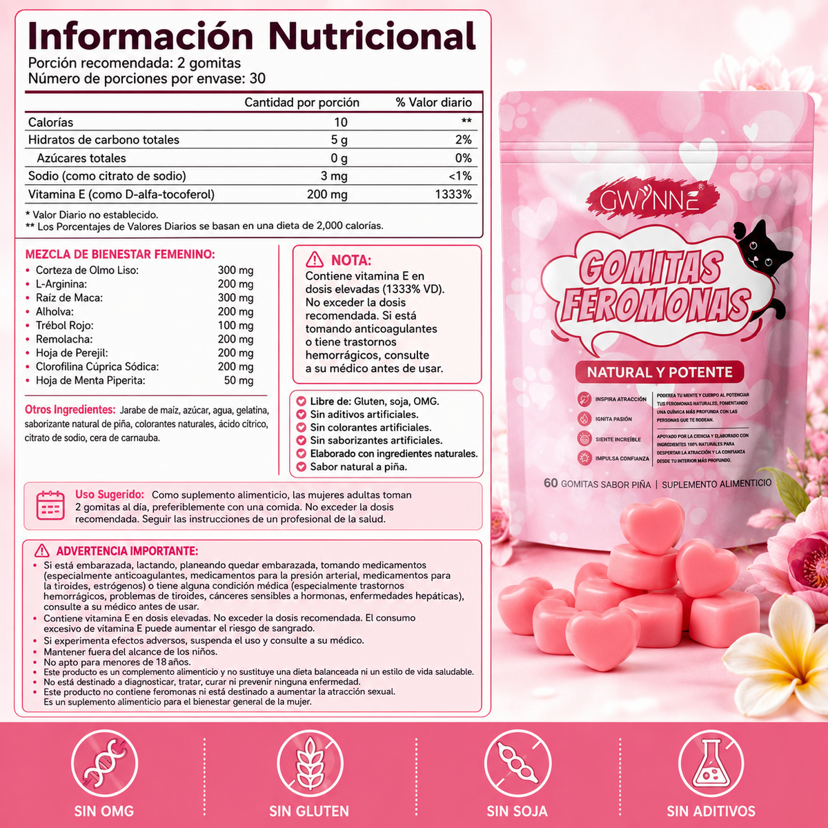 Gwynne Gummies Feromonas Con Corteza De Olmo Liso,l-arginina,maca Y Vitamina E Para Mujeres,mejorar Apoya El Encanto,apoya El Equilibrio,confianza Y Vibe Social,60 Gummies