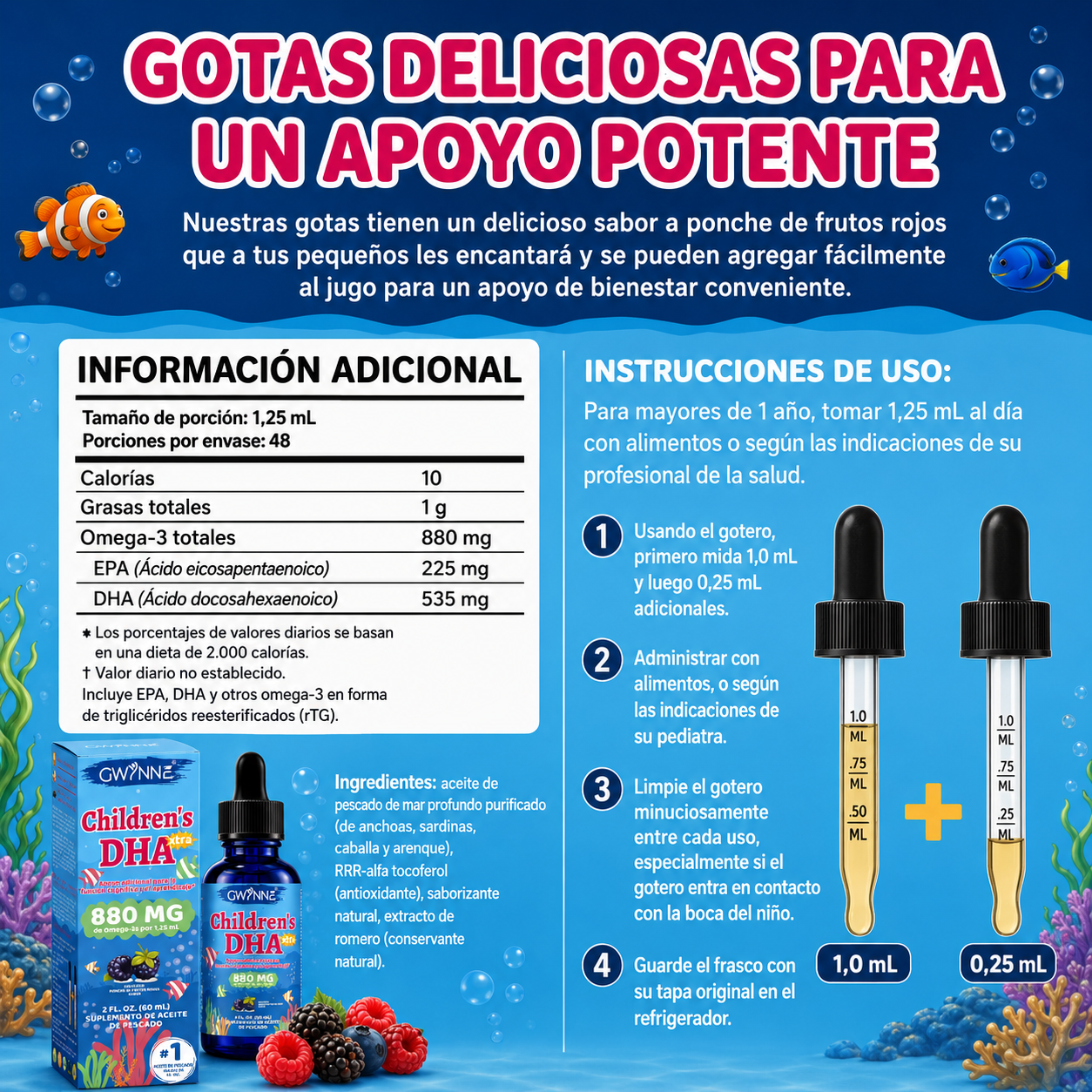 Gwynne Dha Xtra Gotas,berry Punch Para Niños 60ml - 880 Mg Total Omega-3 Con Epa Y Dha - Función Cognitiva E Inmune, Aprendizaje,desarrollo Social,48 Porciones