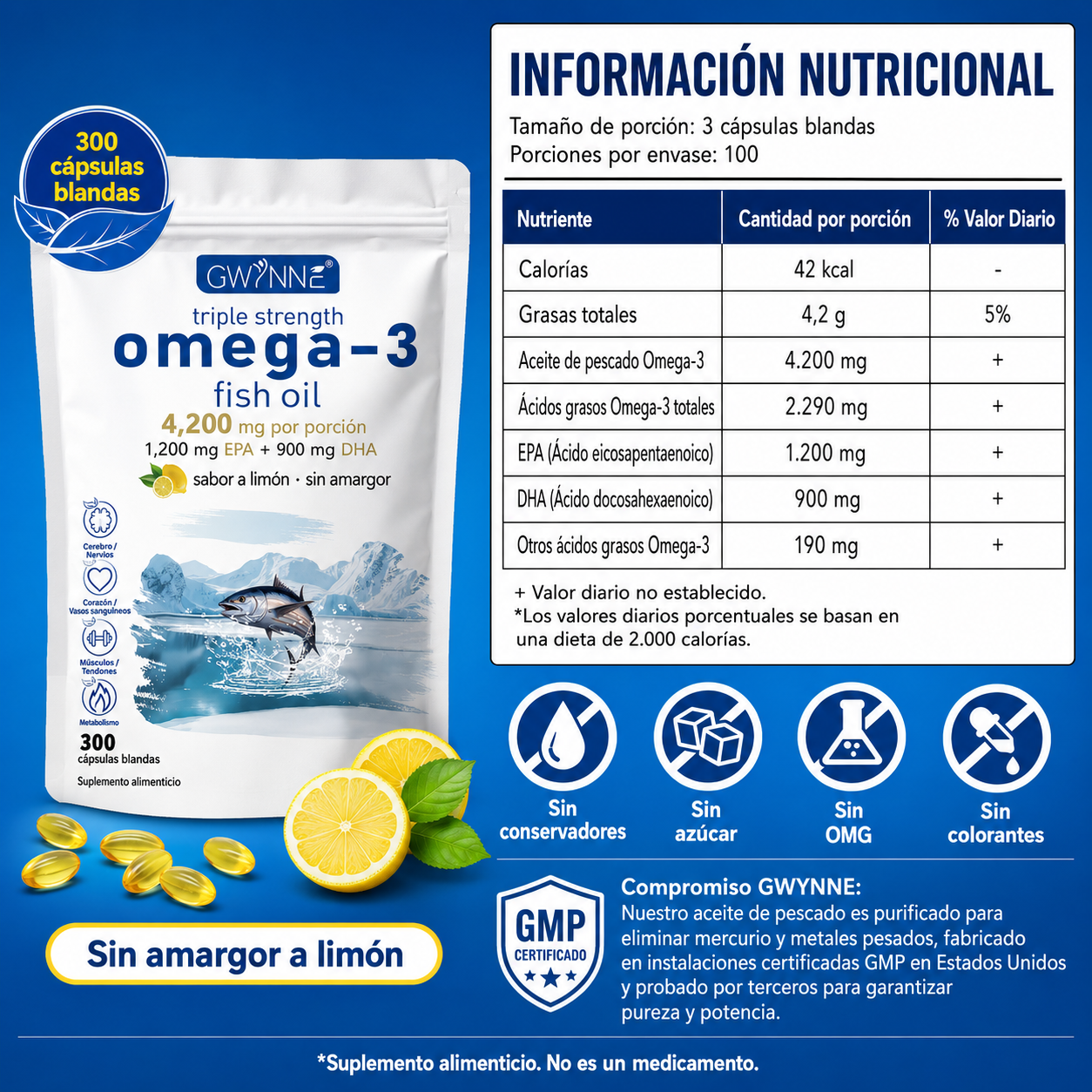 Gwynne Omega 3 Premium 4200mg 300 Cáps, Bacalao De Aguas Profundas Del Ártico Noruego, Que Contienen 1200mg Epa Y 900mg Dha Suplementos Alimentarios Para Apoyar La Salud Física De Mujere Y Hombre
