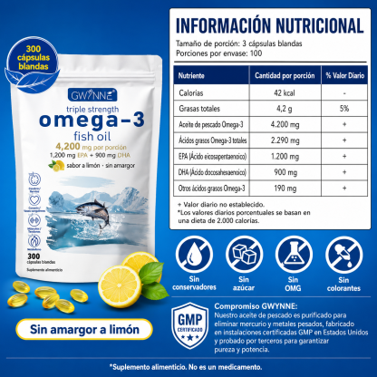 Gwynne Omega 3 Premium 4200mg 300 Cáps, Bacalao De Aguas Profundas Del Ártico Noruego, Que Contienen 1200mg Epa Y 900mg Dha Suplementos Alimentarios Para Apoyar La Salud Física De Mujere Y Hombre