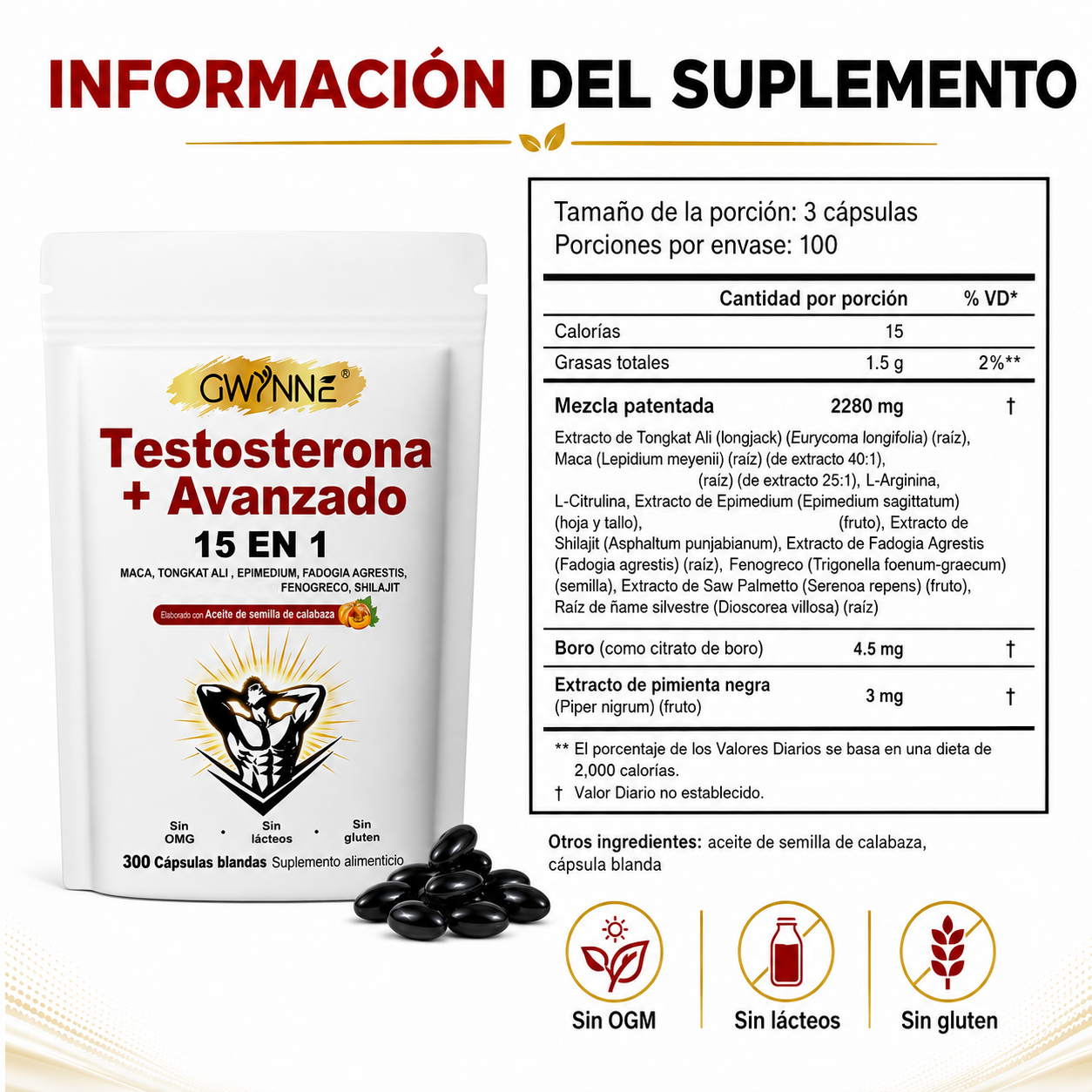 GWYNNE 15‑en‑1 Testosterona Avanzado Suplemento 300 Cápsulas con Maca,Tongkat Ali y Shilajit