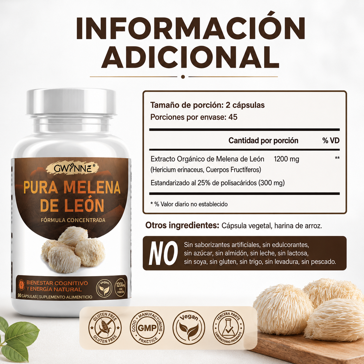 GWYNNE Pura Melena de León 1200 mg,apoyo Foco y cognición,90 Cápsulas